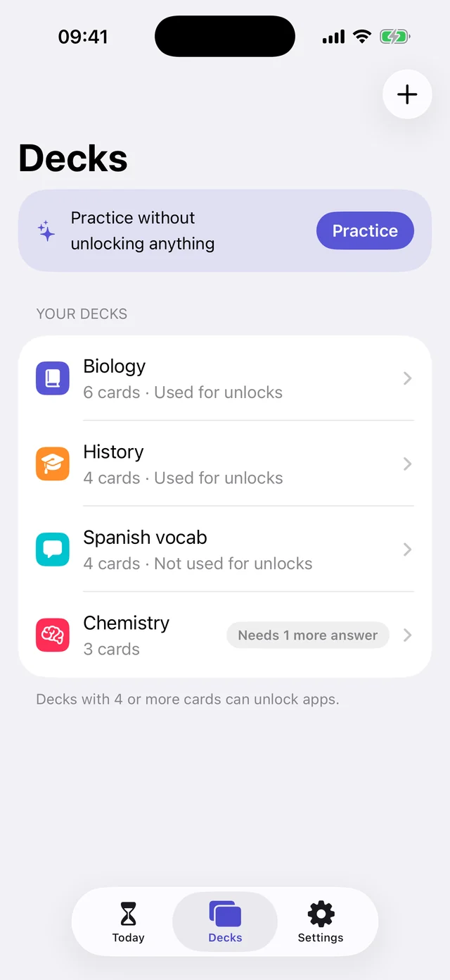 Decks for Biology, History, Spanish vocab and Chemistry