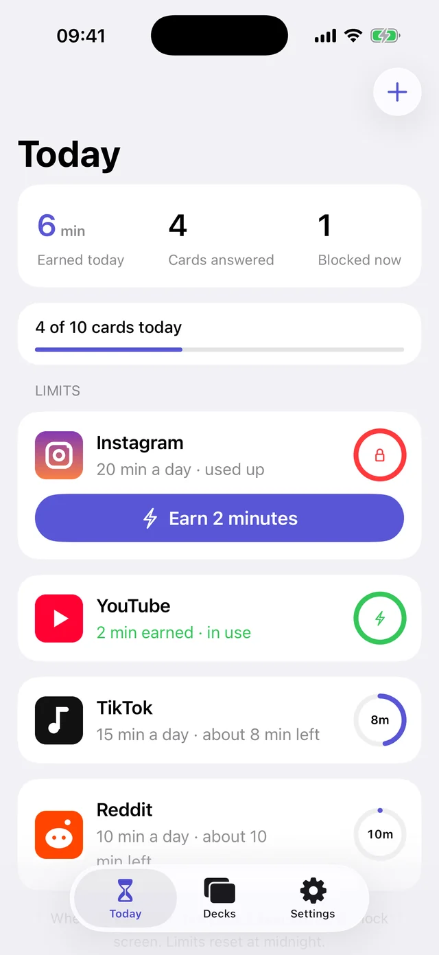 Today screen with daily limits for Instagram, YouTube, TikTok and Reddit